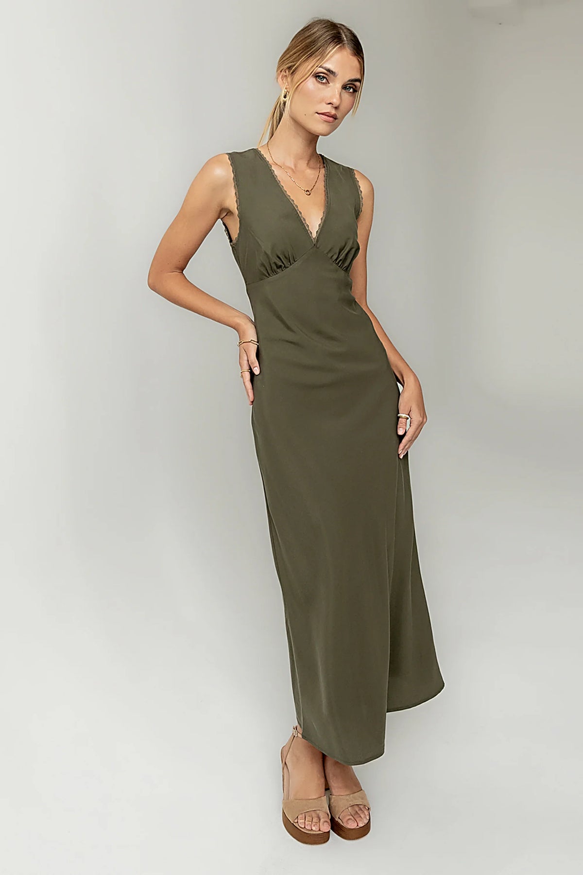 Hailey Lace Trim Maxi Dress in Olive