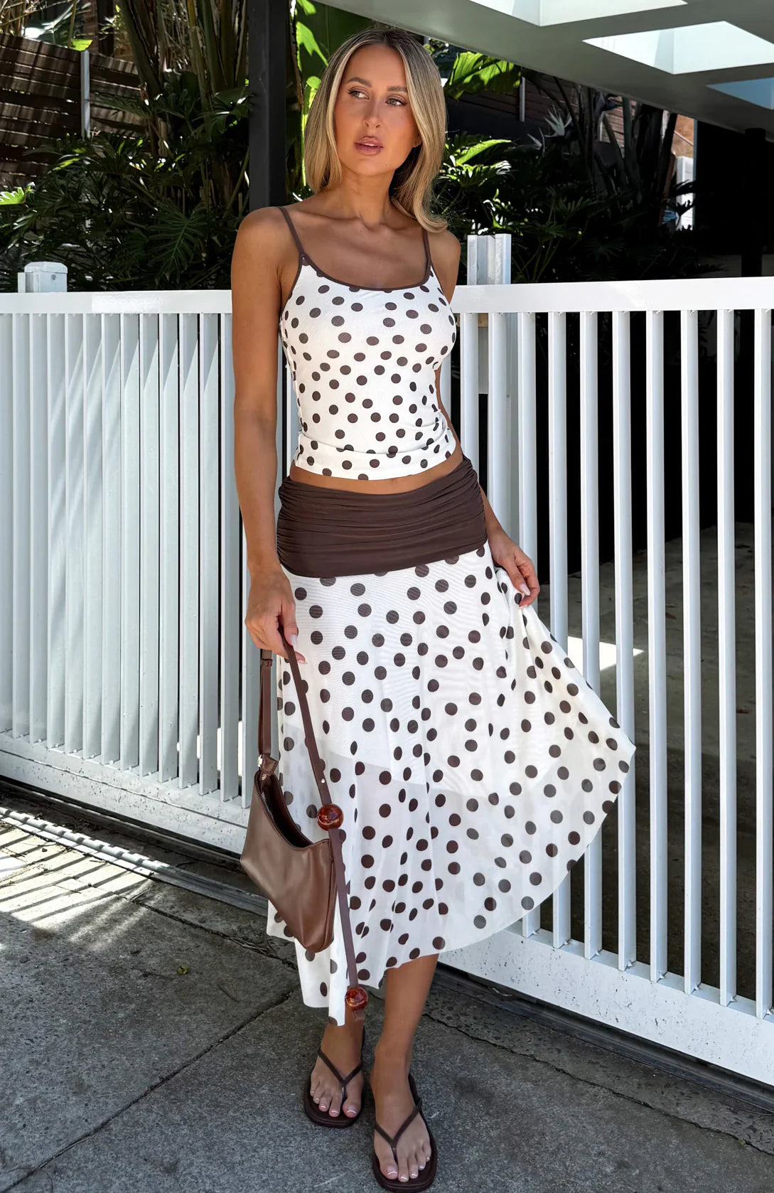Mediterranean Mirage Midi Skirt Cream/Choc Polka Dot