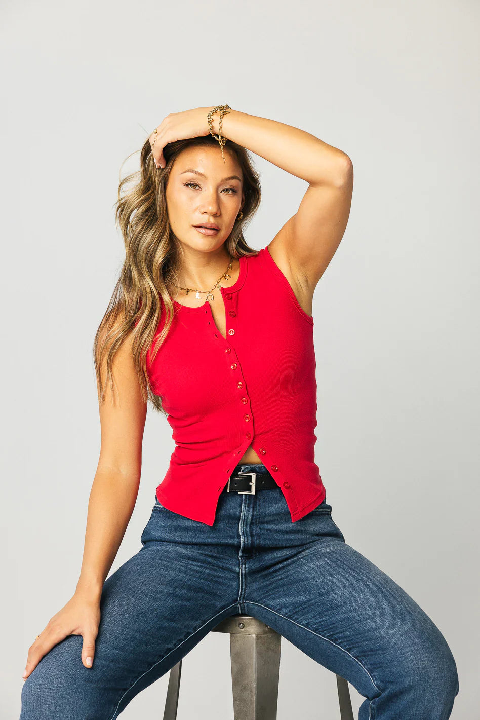 Lucas Button Up Tank Top in Red